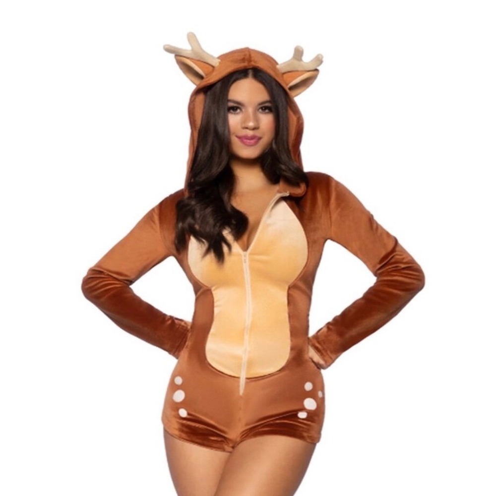 Leg Avenue Deer Costume Adult XS Brown Velvet Unitard Antlers Hooded Romper